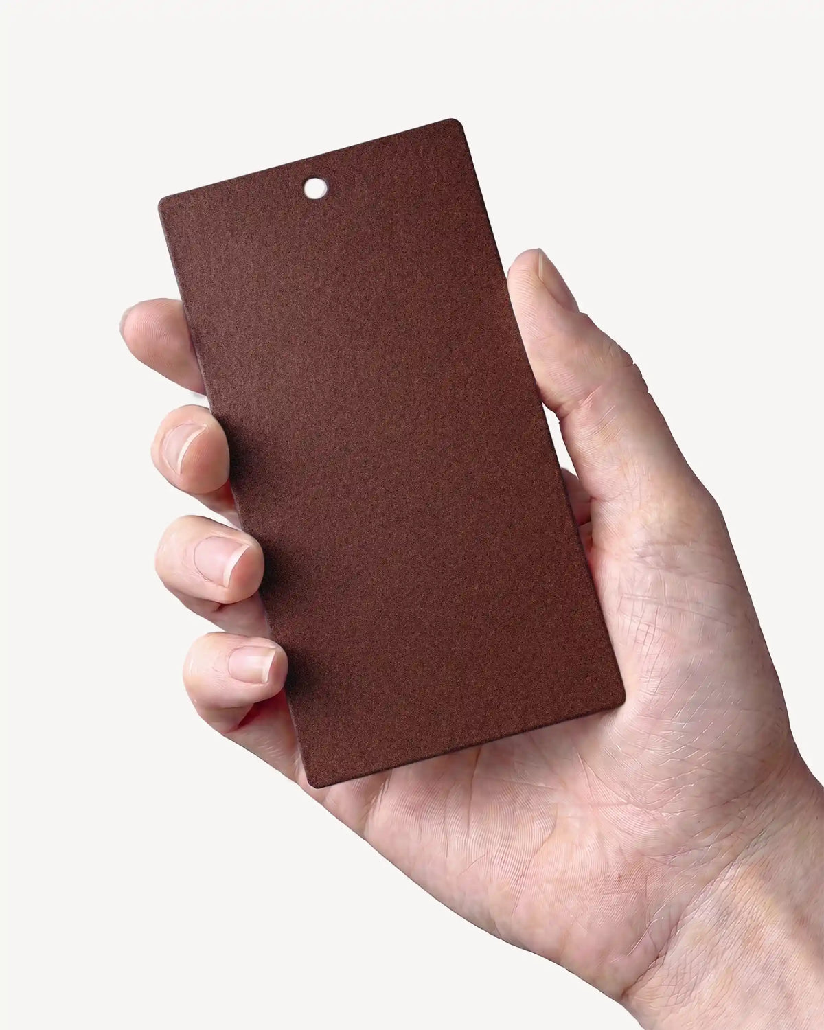 Mão a segurar uma amostra da cor Castanho Ferrugem PILOTIS