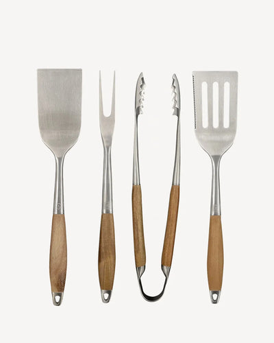Conjunto de 4 utensílios em aço inoxidável e acácia