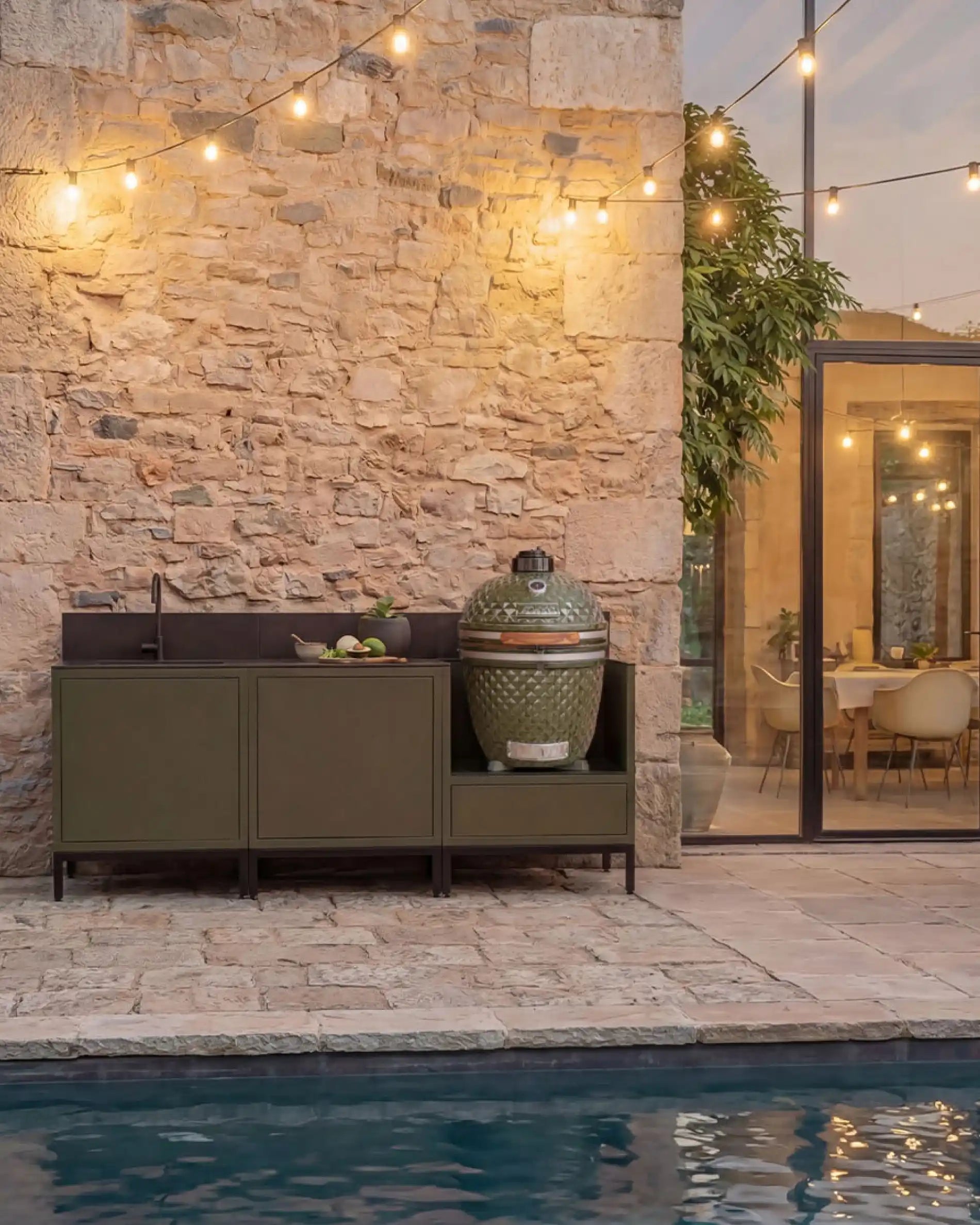 Cuisine extérieure Kokko Pilotis olive avec évier et kamado en bord de piscine