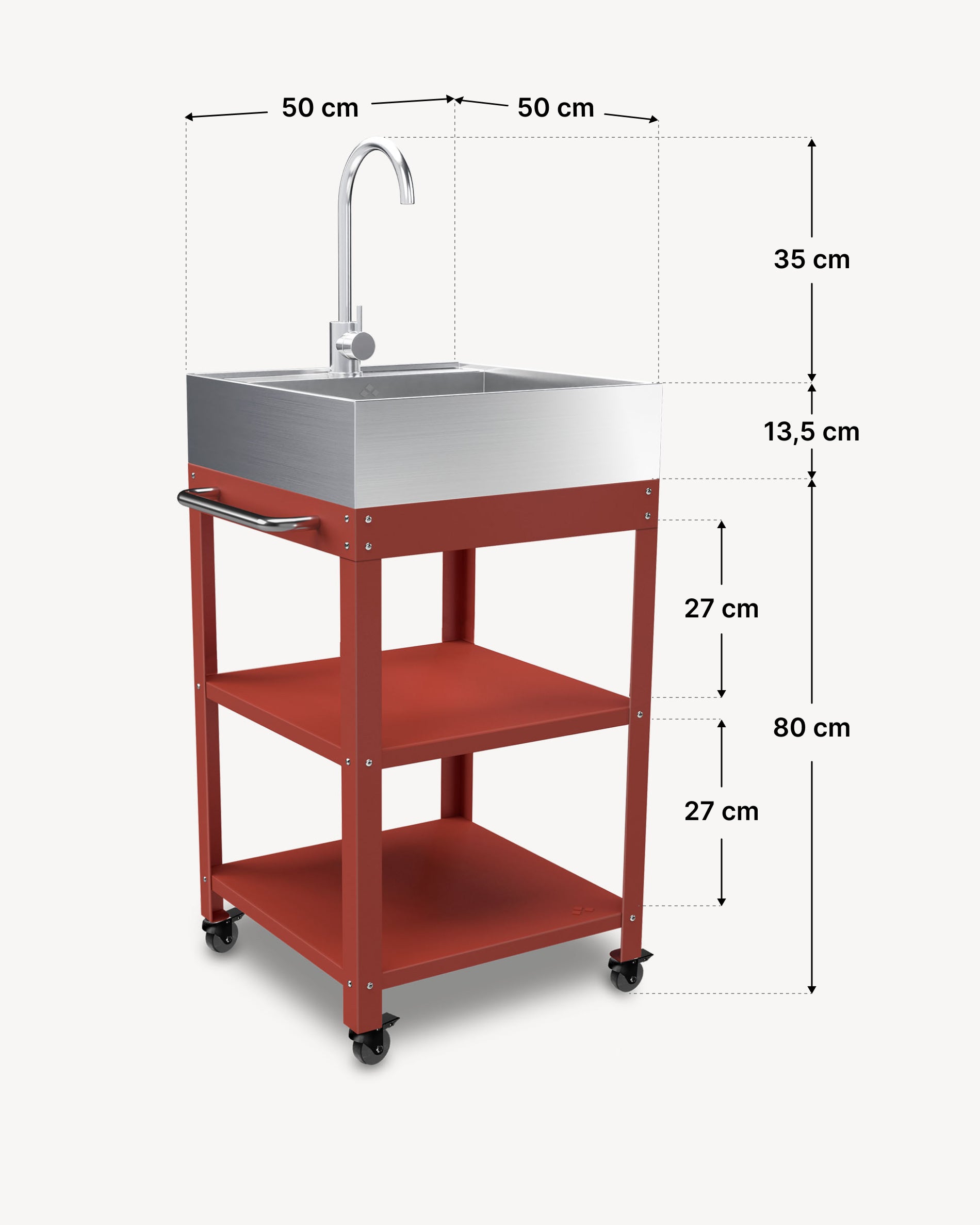 Dimensões da mesa de apoio em metal 50x50 com lava-loiça em inox