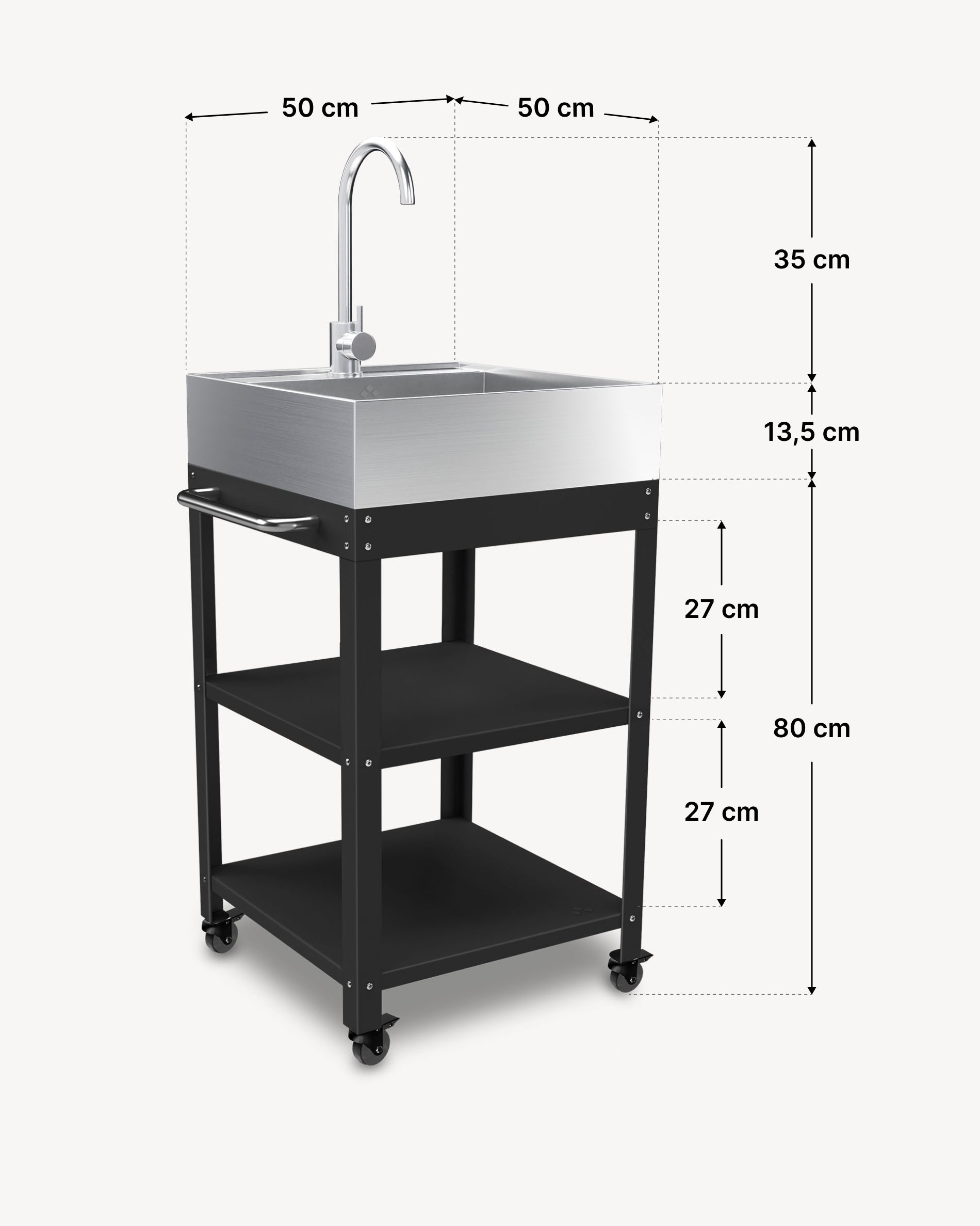 Dimensões da mesa de apoio em metal 50x50 com lava-loiça em inox