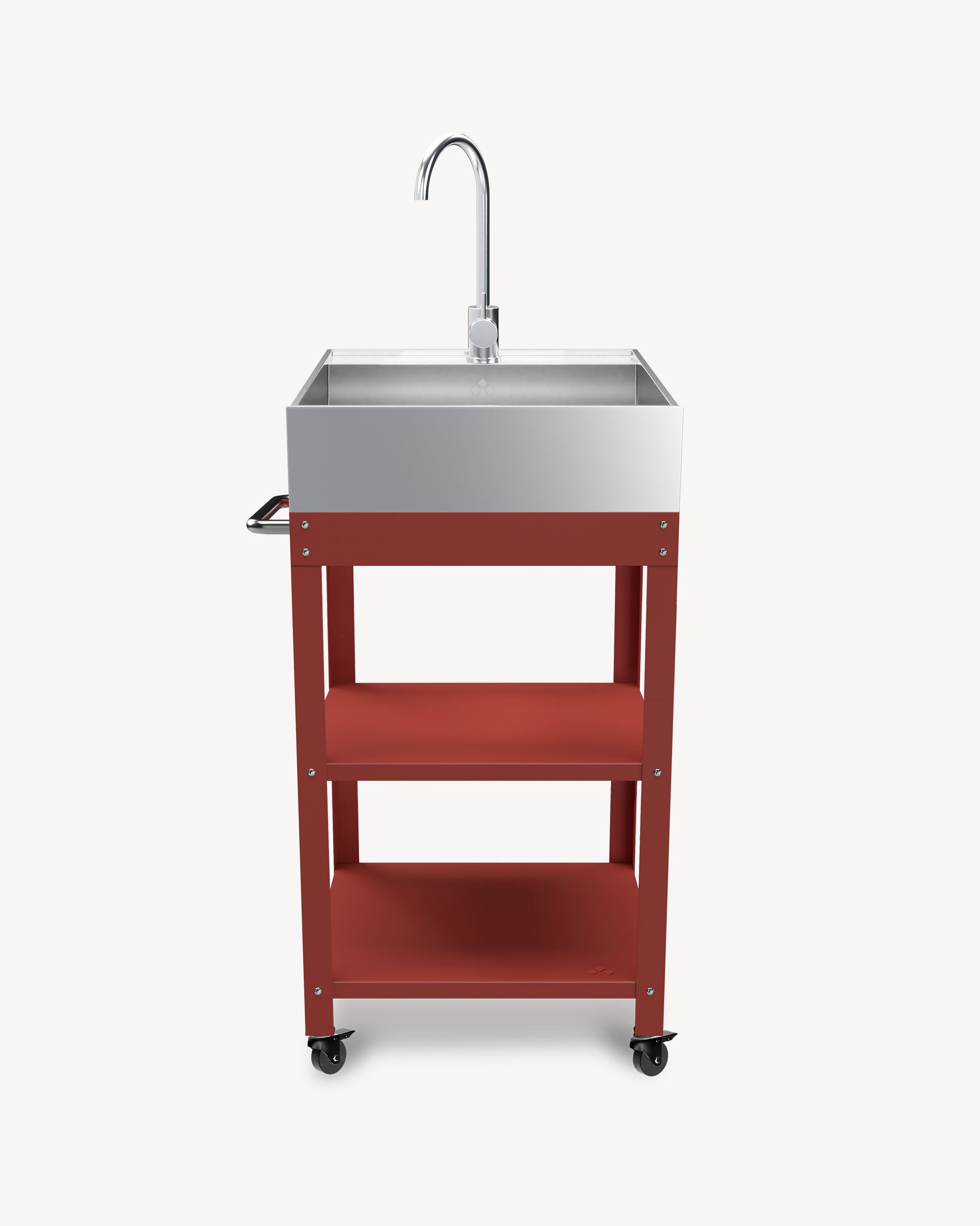 Desserte em metal vermelho com lava-louça em inox