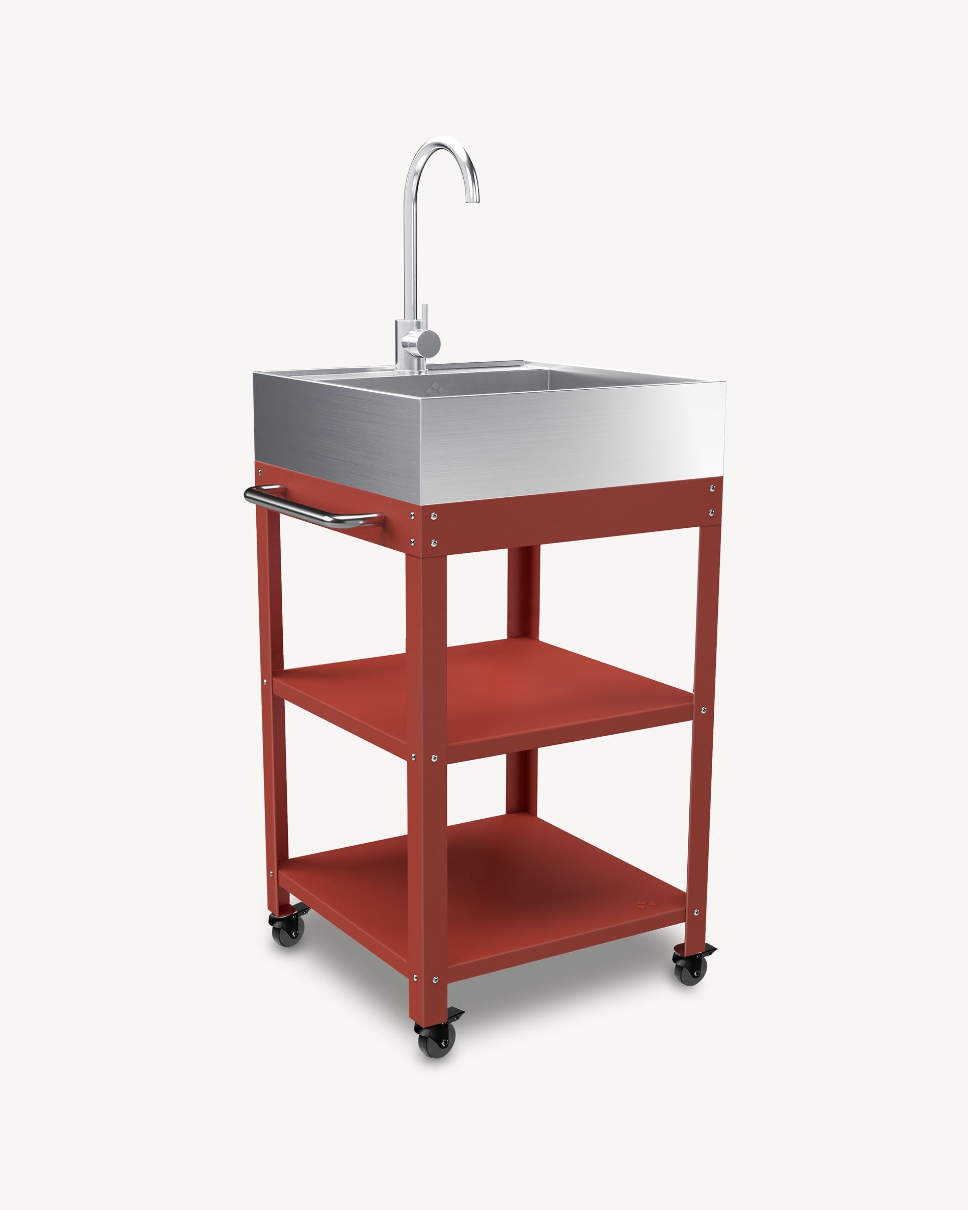 Desserte em metal vermelho com lava-louça em inox