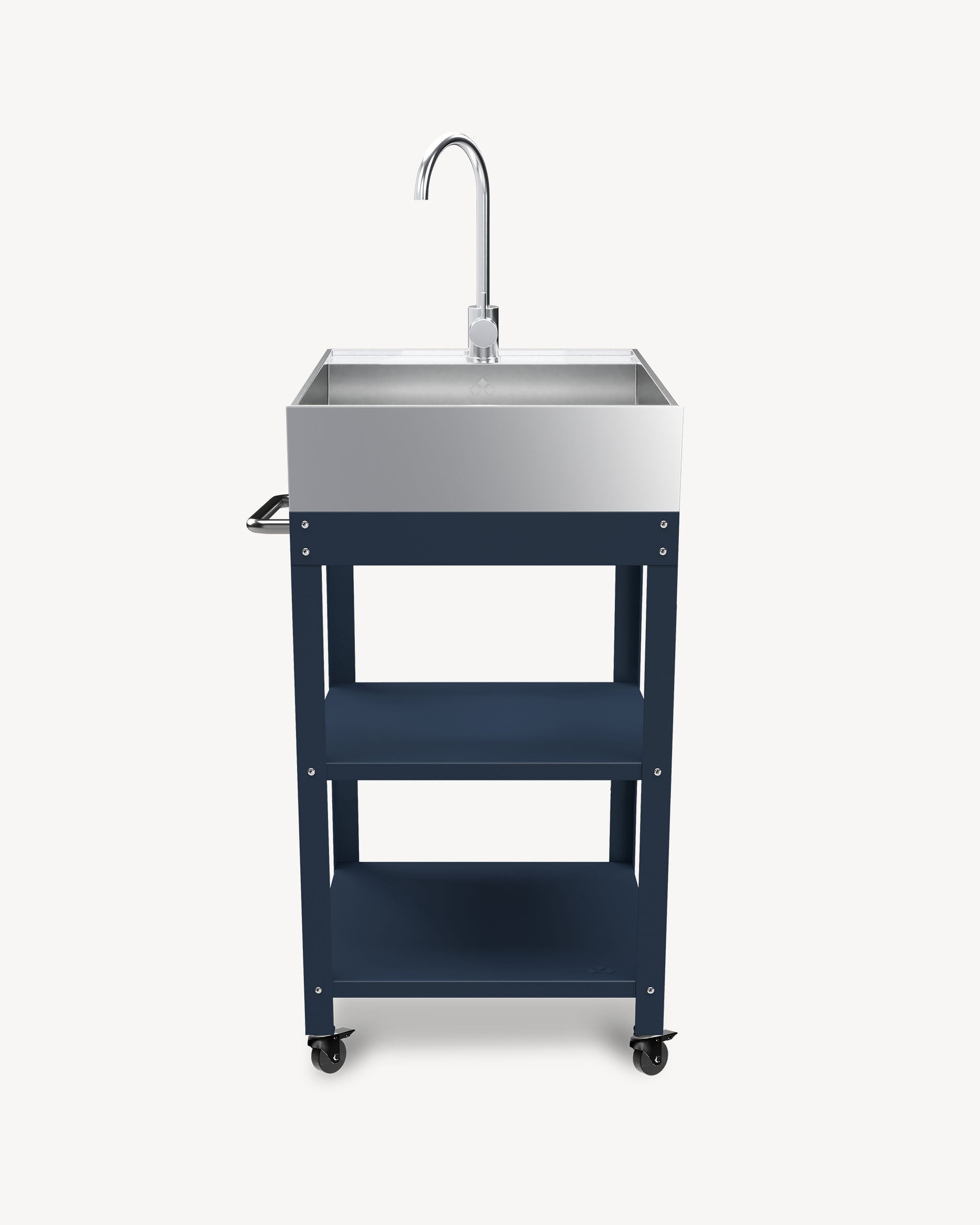 Desserte em metal azul-marinho com lava-louça em inox