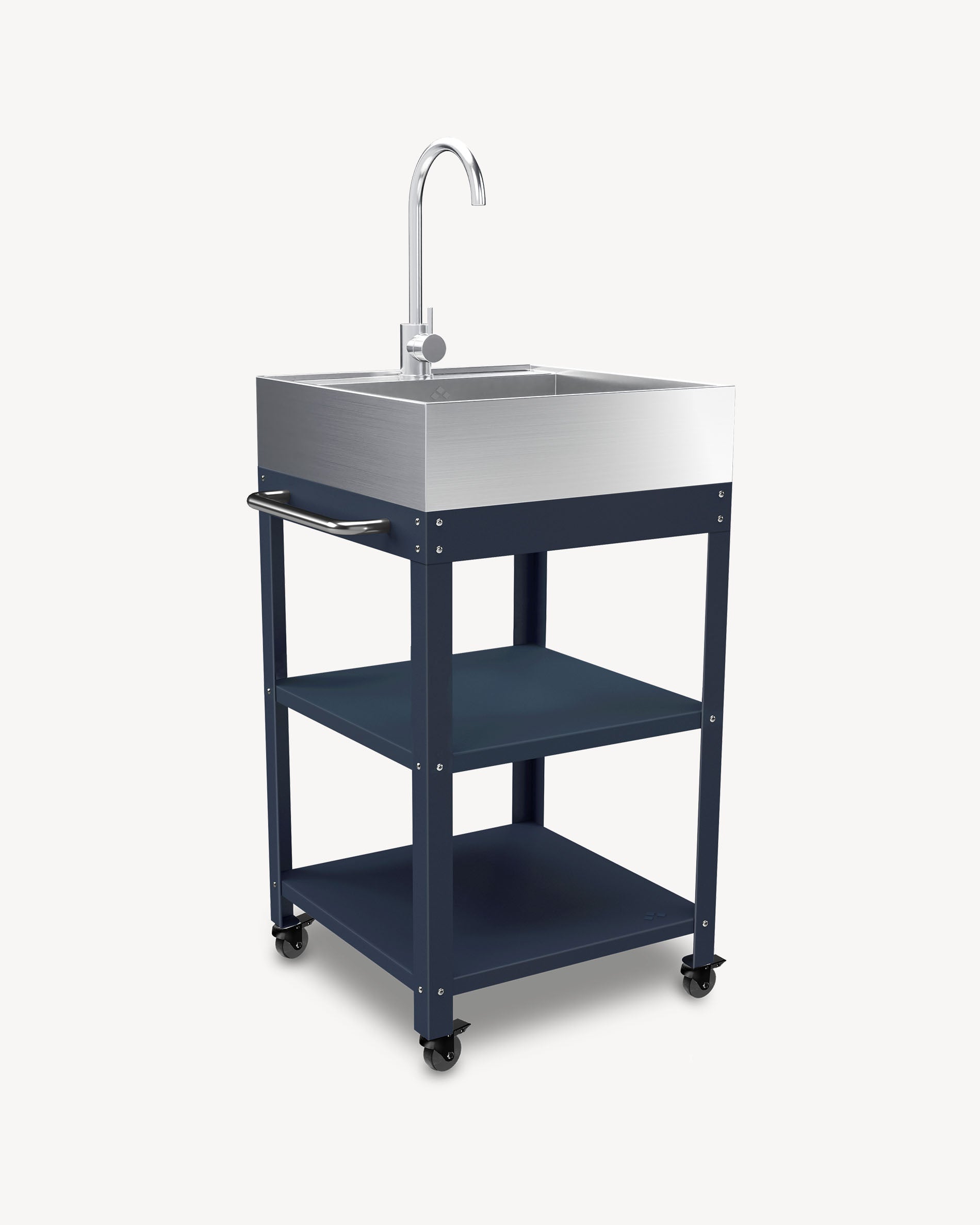 Desserte em metal azul-marinho com lava-louça em inox