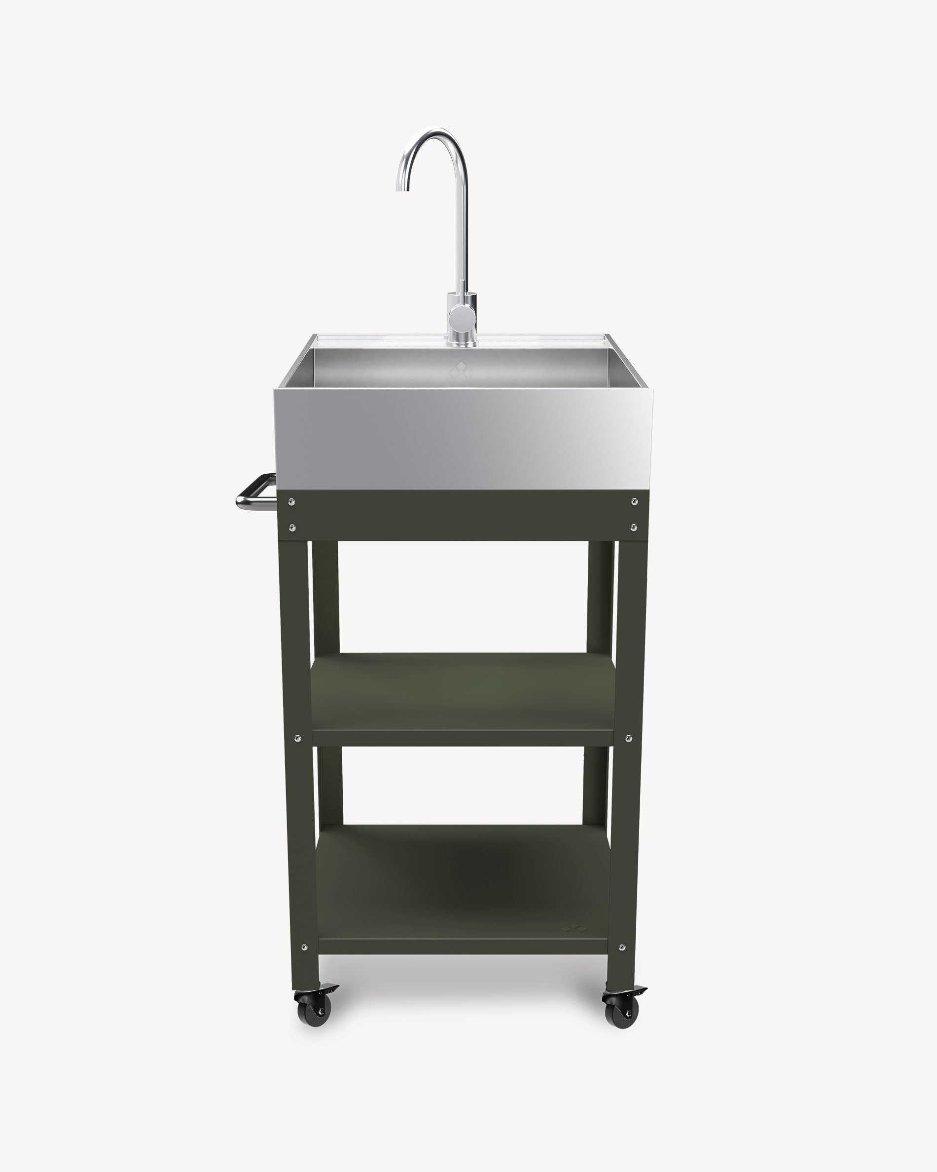 Desserte em metal verde-azeitona com lava-louça em inox