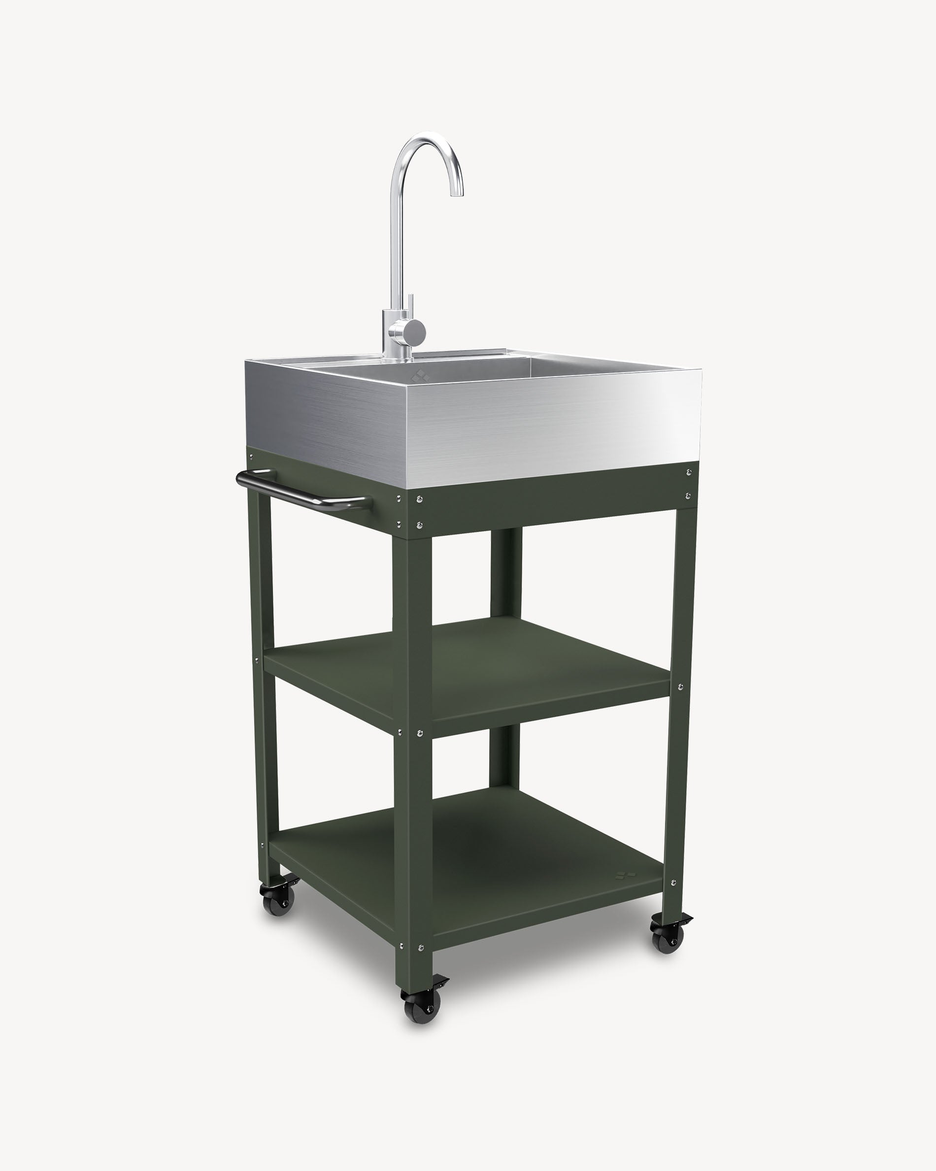Desserte em metal verde-azeitona com lava-louça em inox