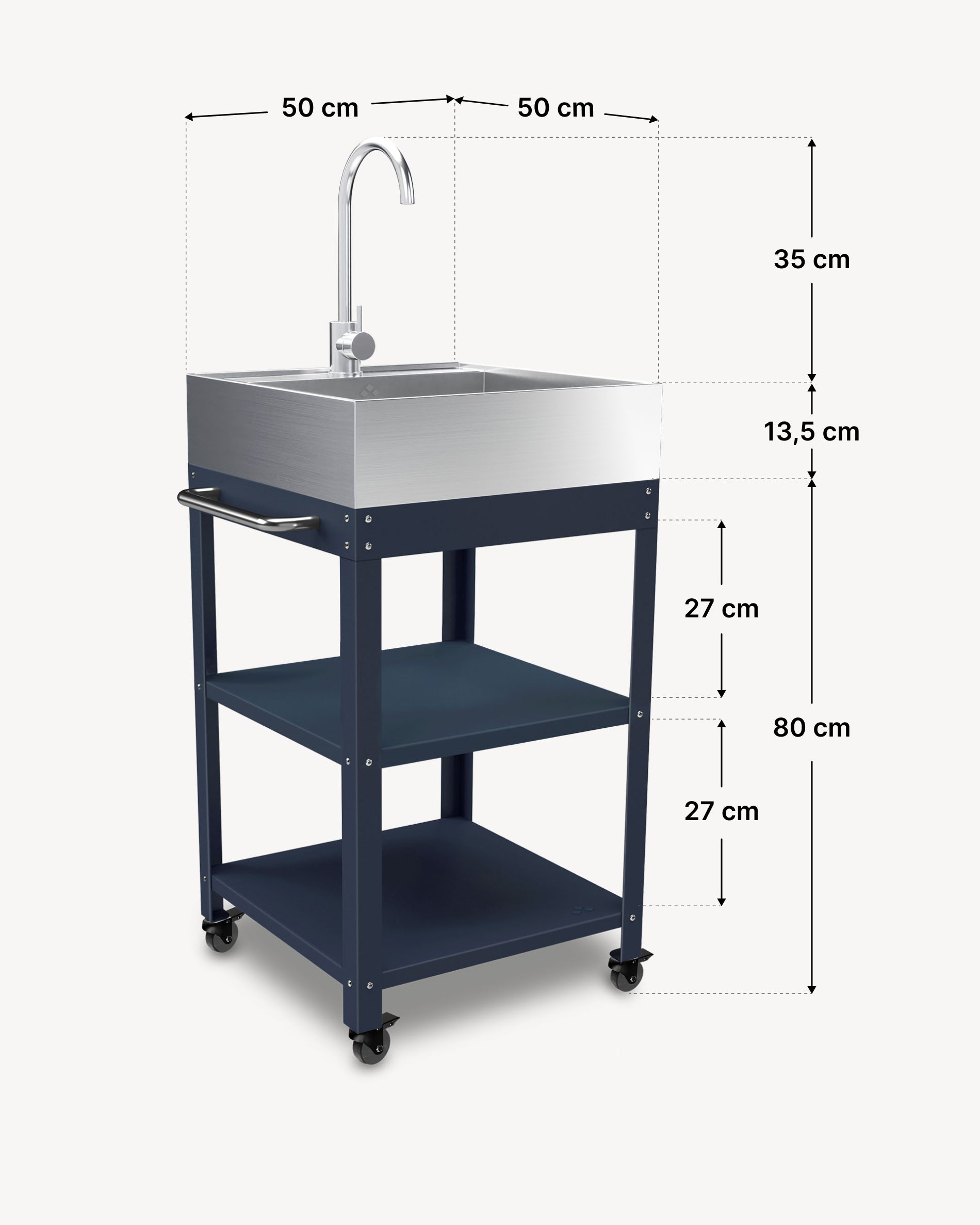 Dimensões da mesa de apoio em metal 50x50 com lava-loiça em inox
