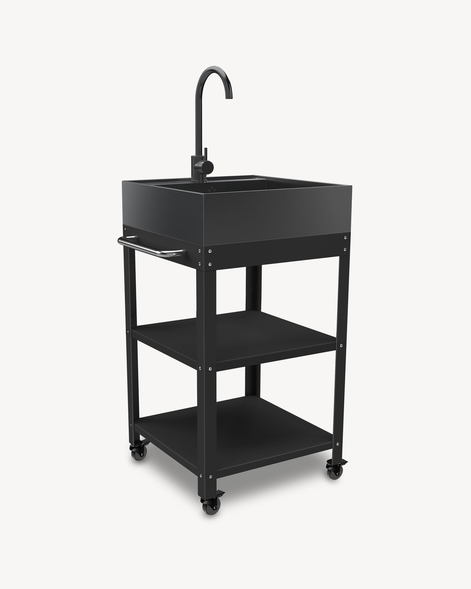 Desserte em metal preto com lava-louça em inox