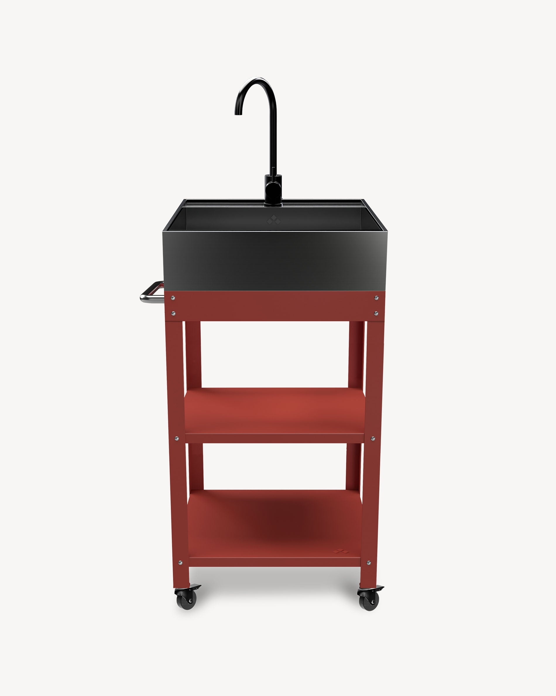 Desserte em metal vermelho com lava-louça em inox