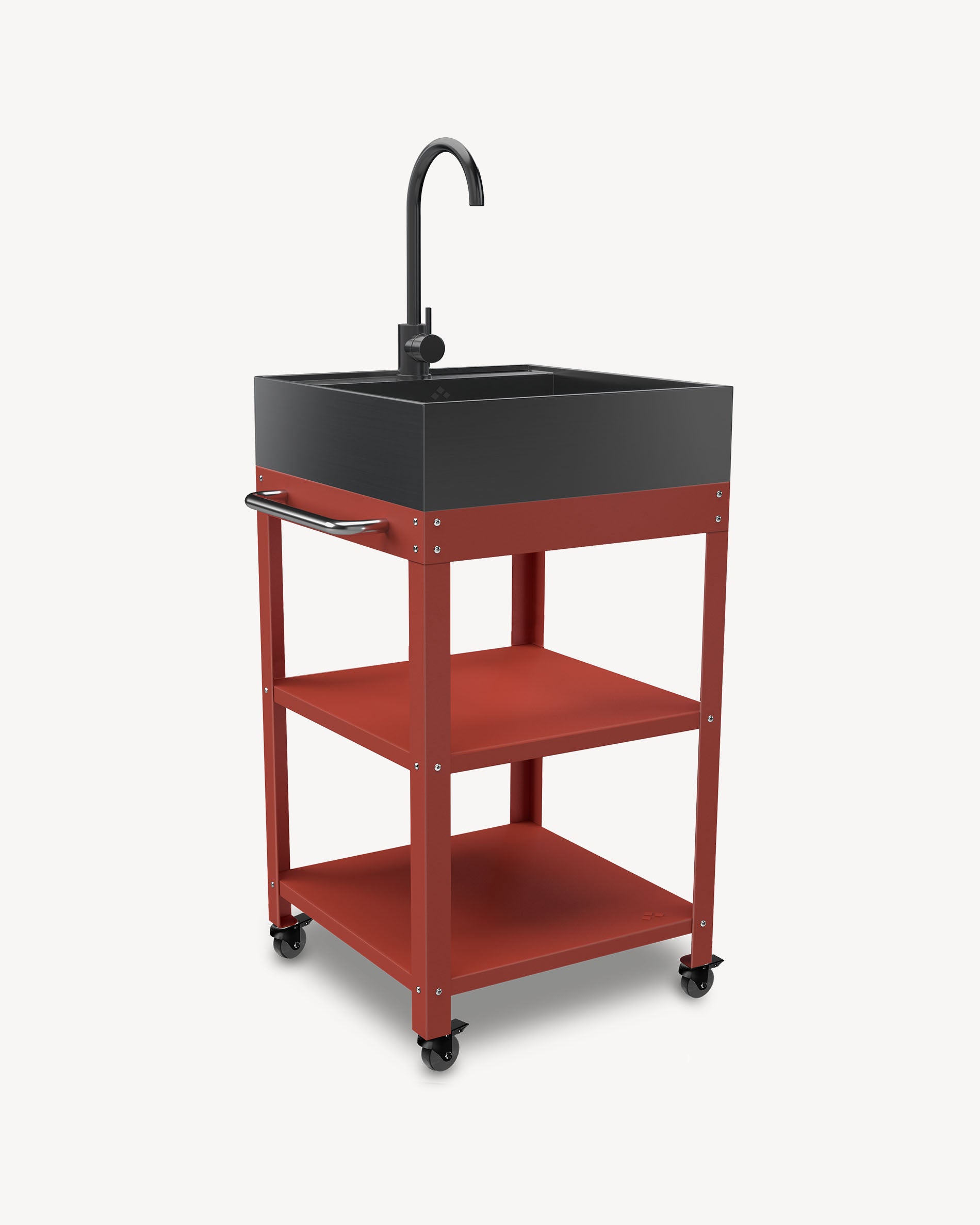 Desserte em metal vermelho com lava-louça em inox