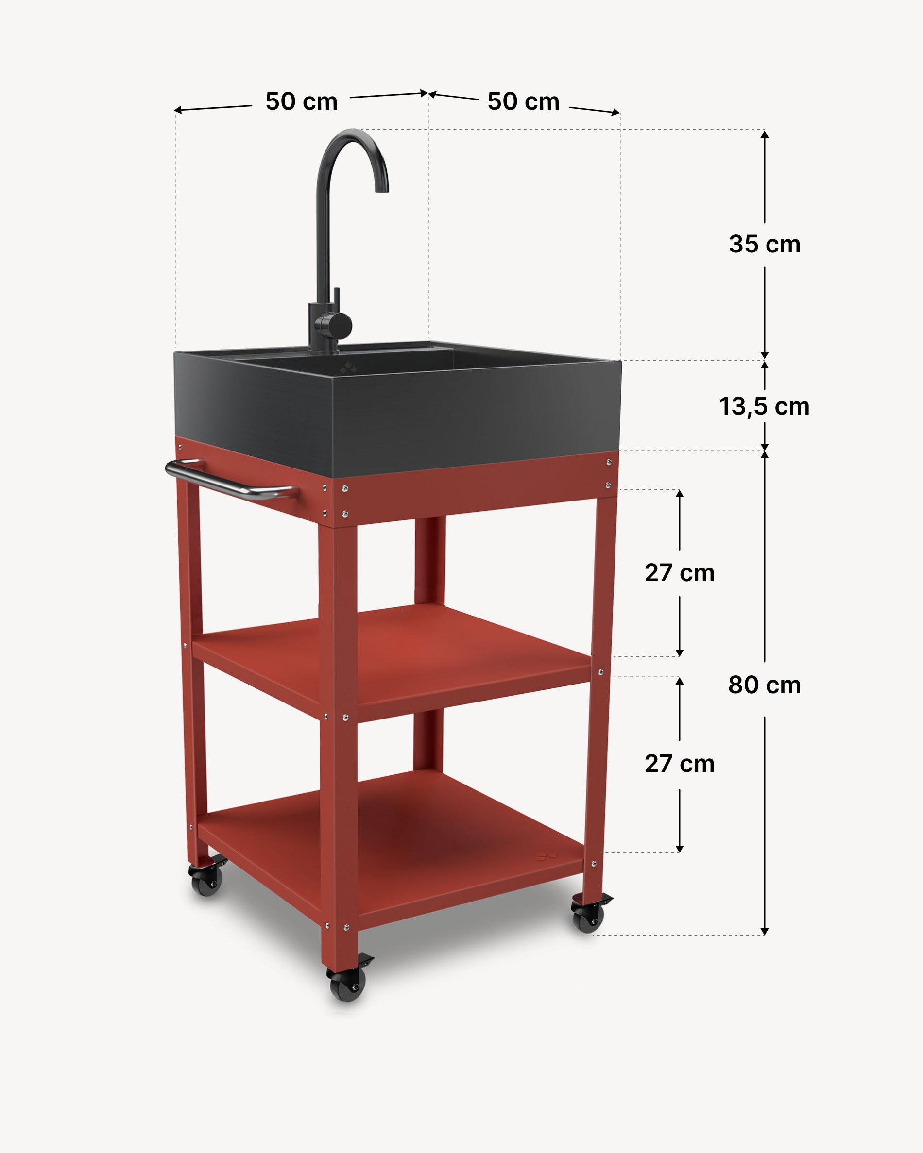 Dimensões da mesa de apoio metálica 50x50 com lava-louça em inox preto