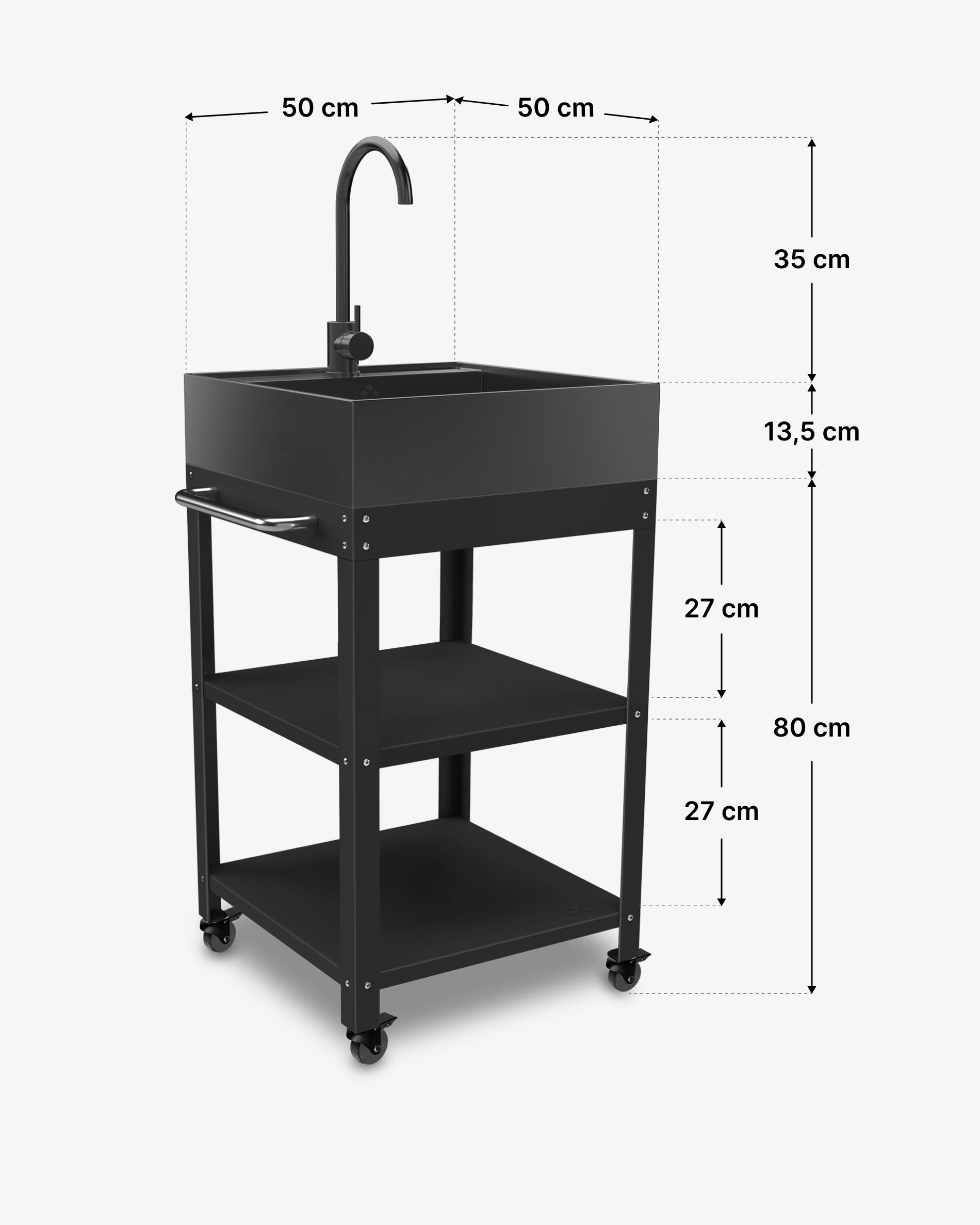 Dimensões da mesa de apoio metálica 50x50 com lava-louça em inox preto