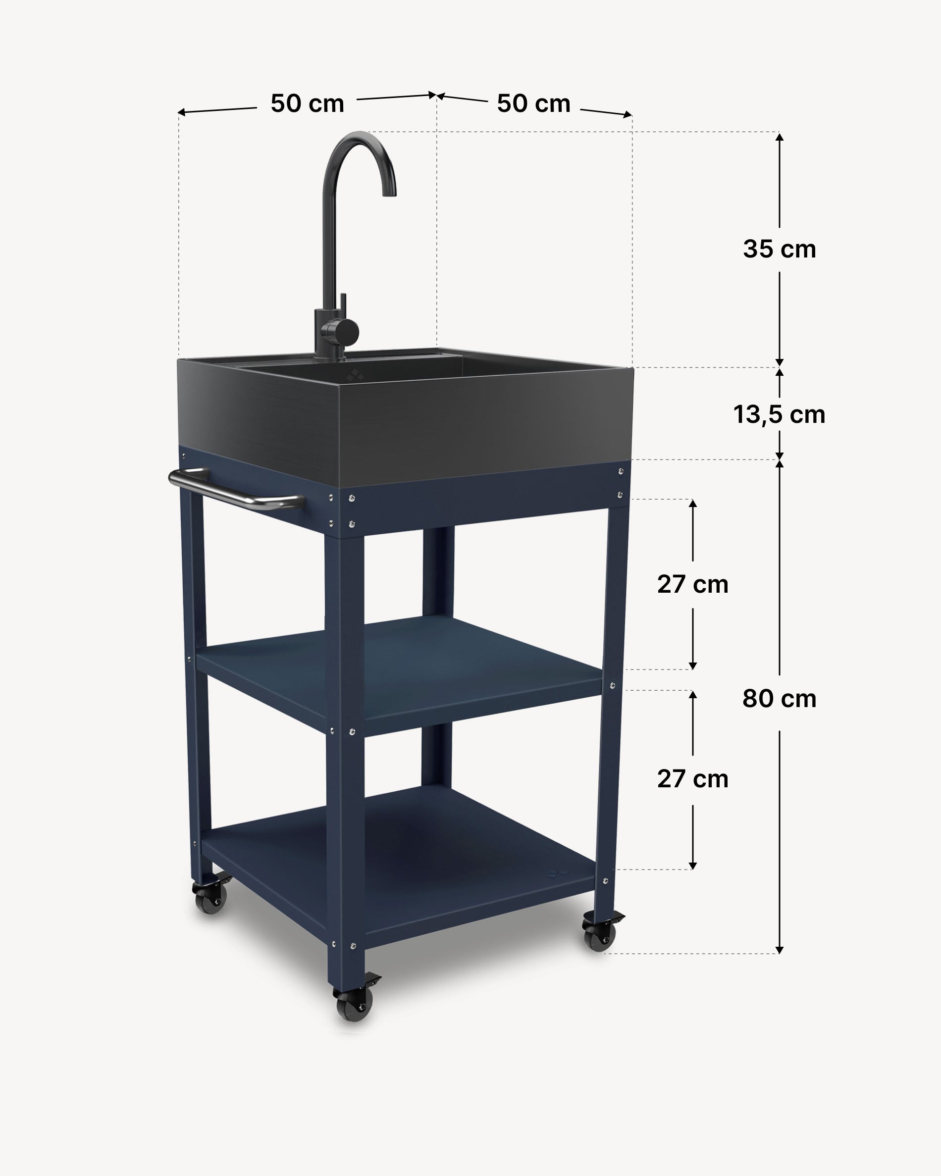 Dimensões da mesa de apoio metálica 50x50 com lava-louça em inox preto