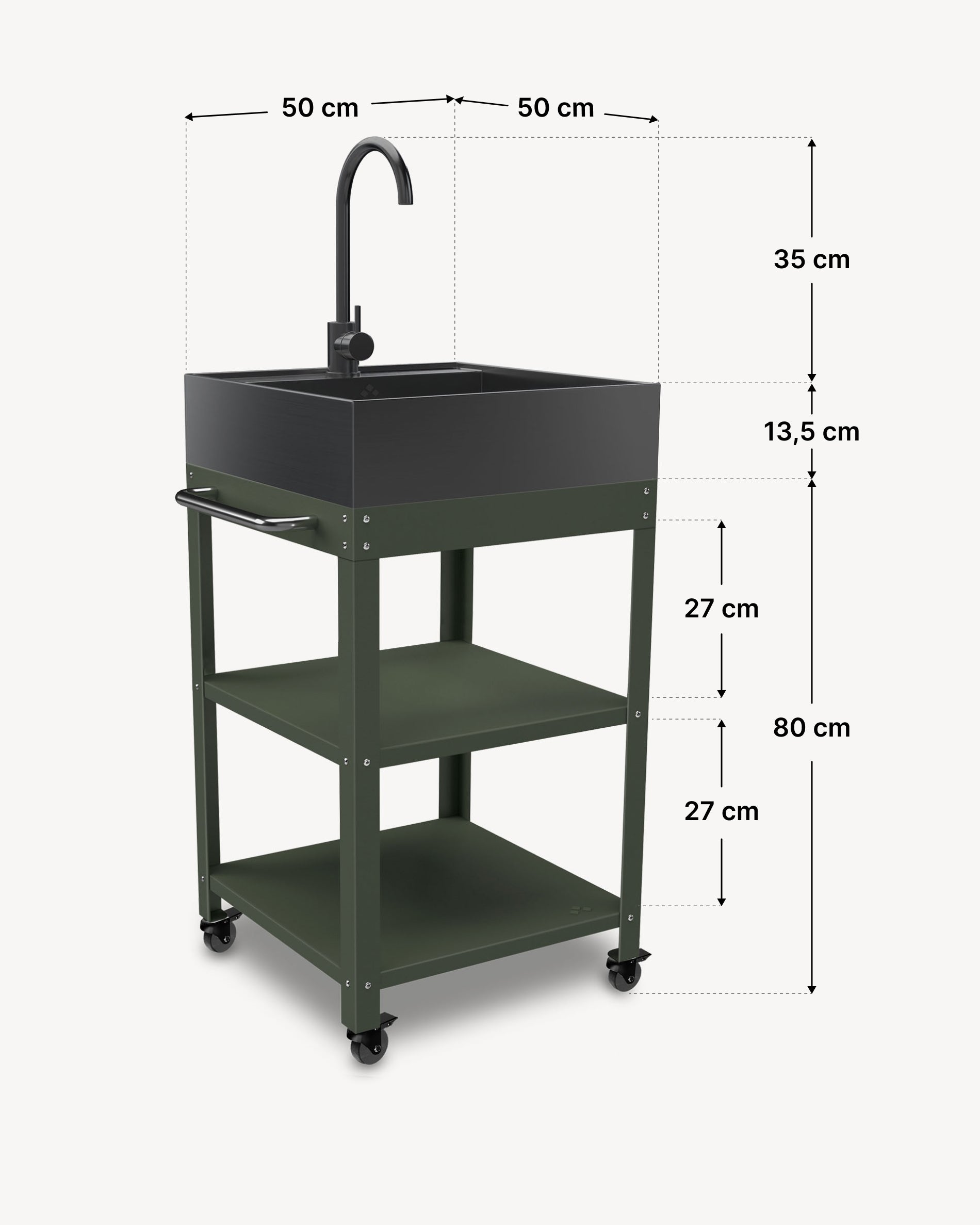 Dimensões da mesa de apoio metálica 50x50 com lava-louça em inox preto