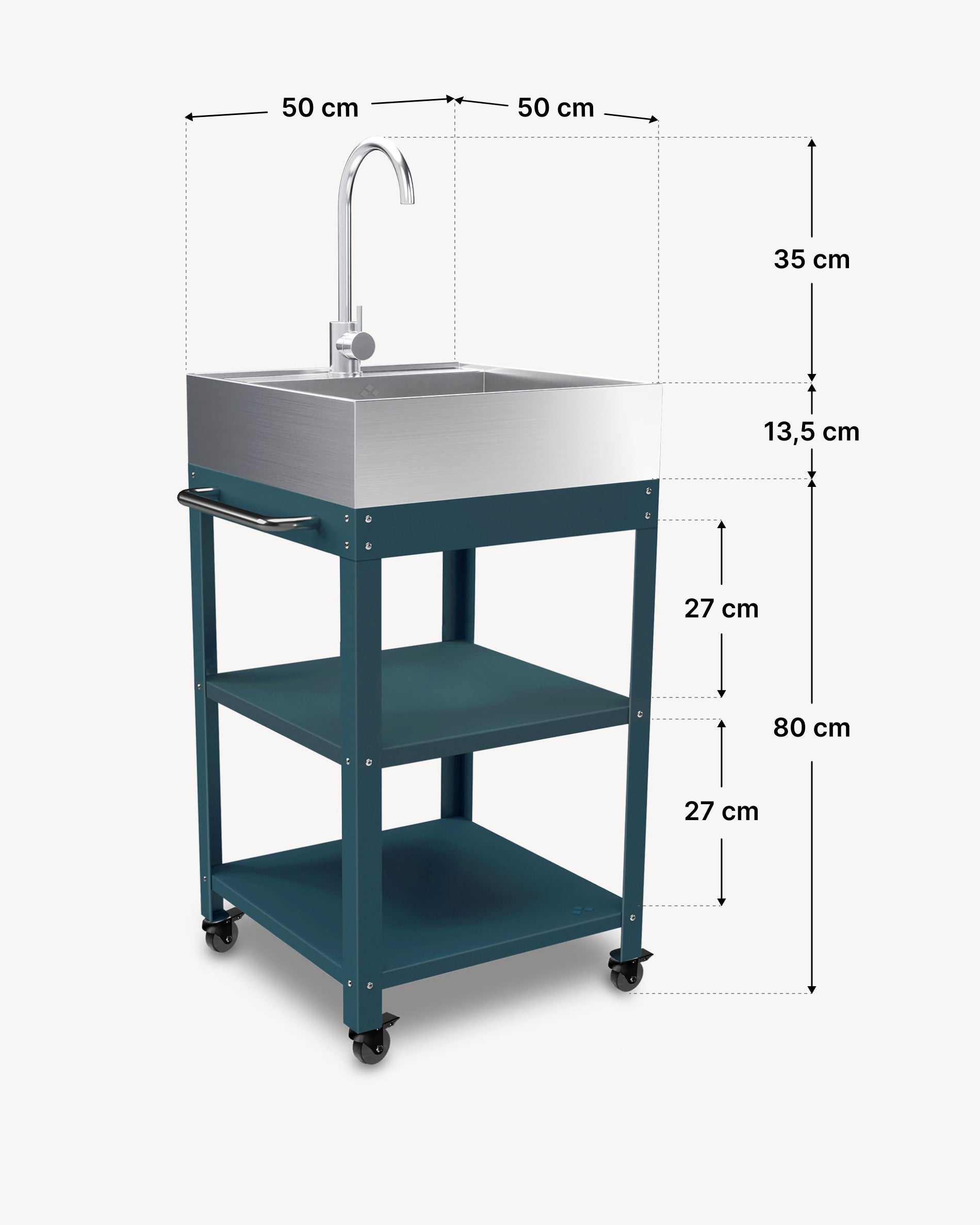 Dimensões da mesa de apoio em metal 50x50 com lava-loiça em inox