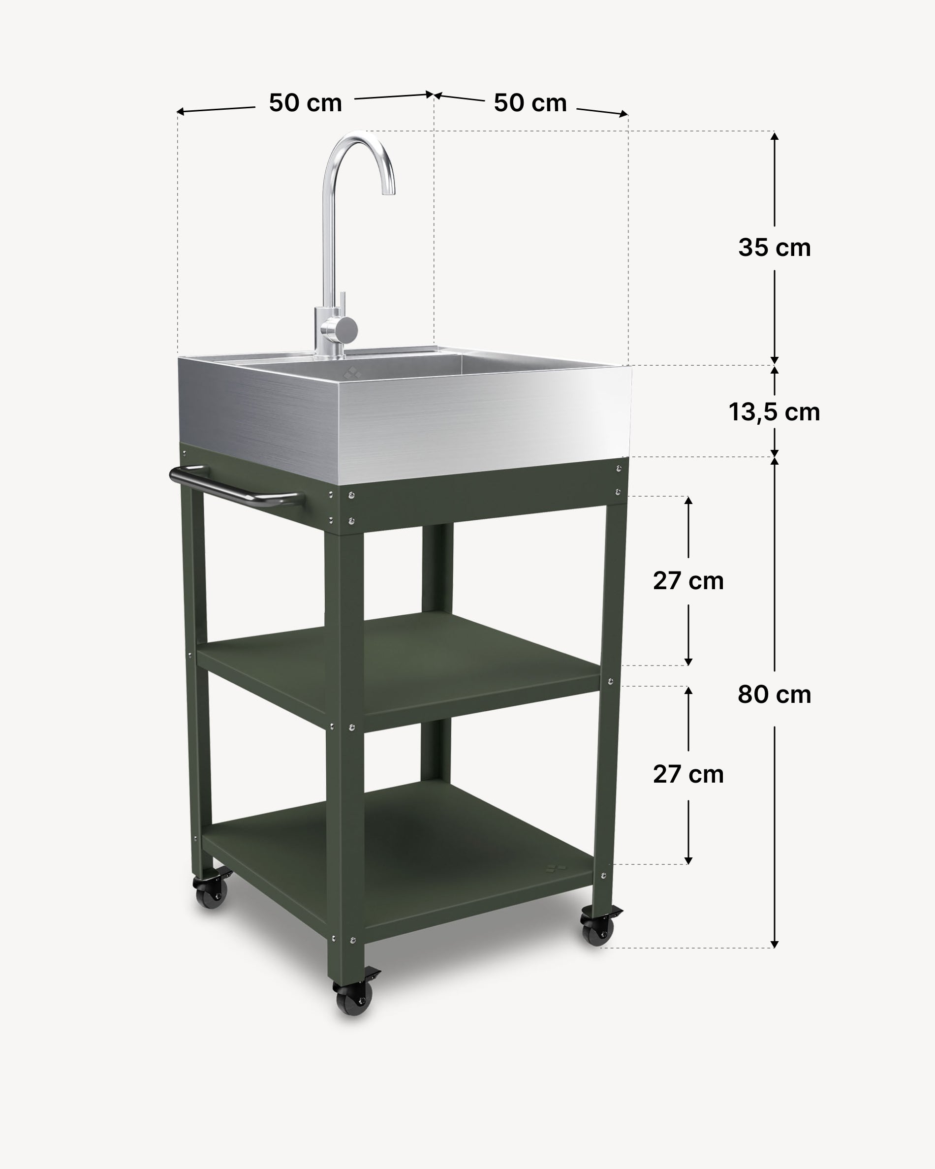 Dimensões da mesa de apoio em metal 50x50 com lava-loiça em inox