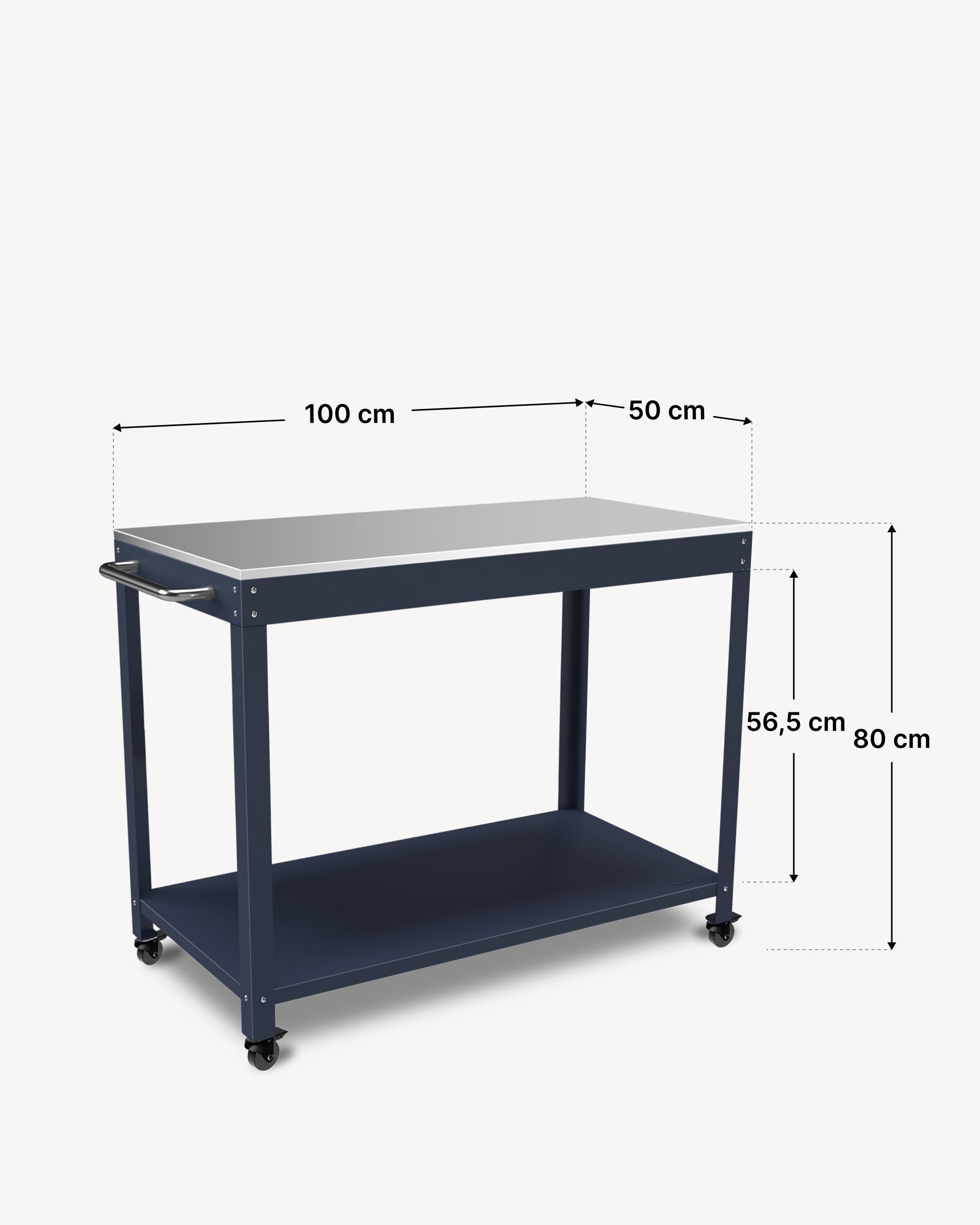 Esquema das dimensões da mesa de apoio em metal Kokko 100 × 50 cm, cor navy.