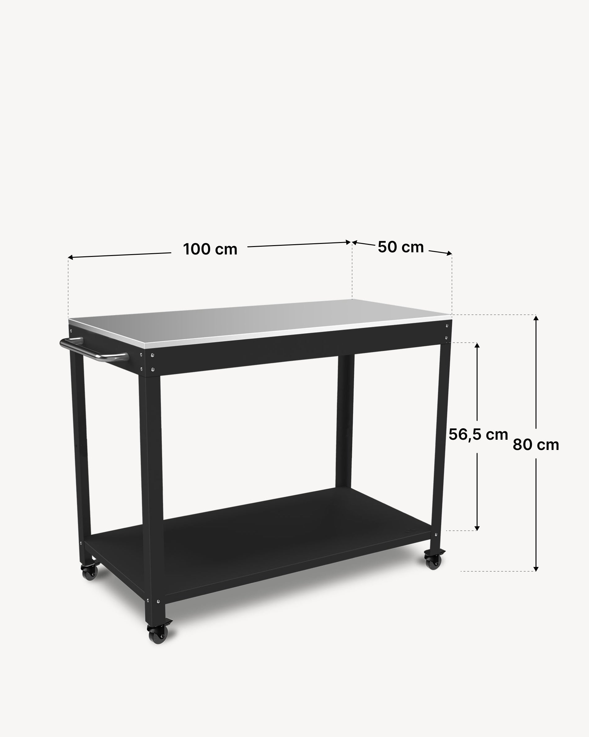 Esquema das dimensões da mesa de apoio metálica Kokko 100 × 50 cm, cor preta.