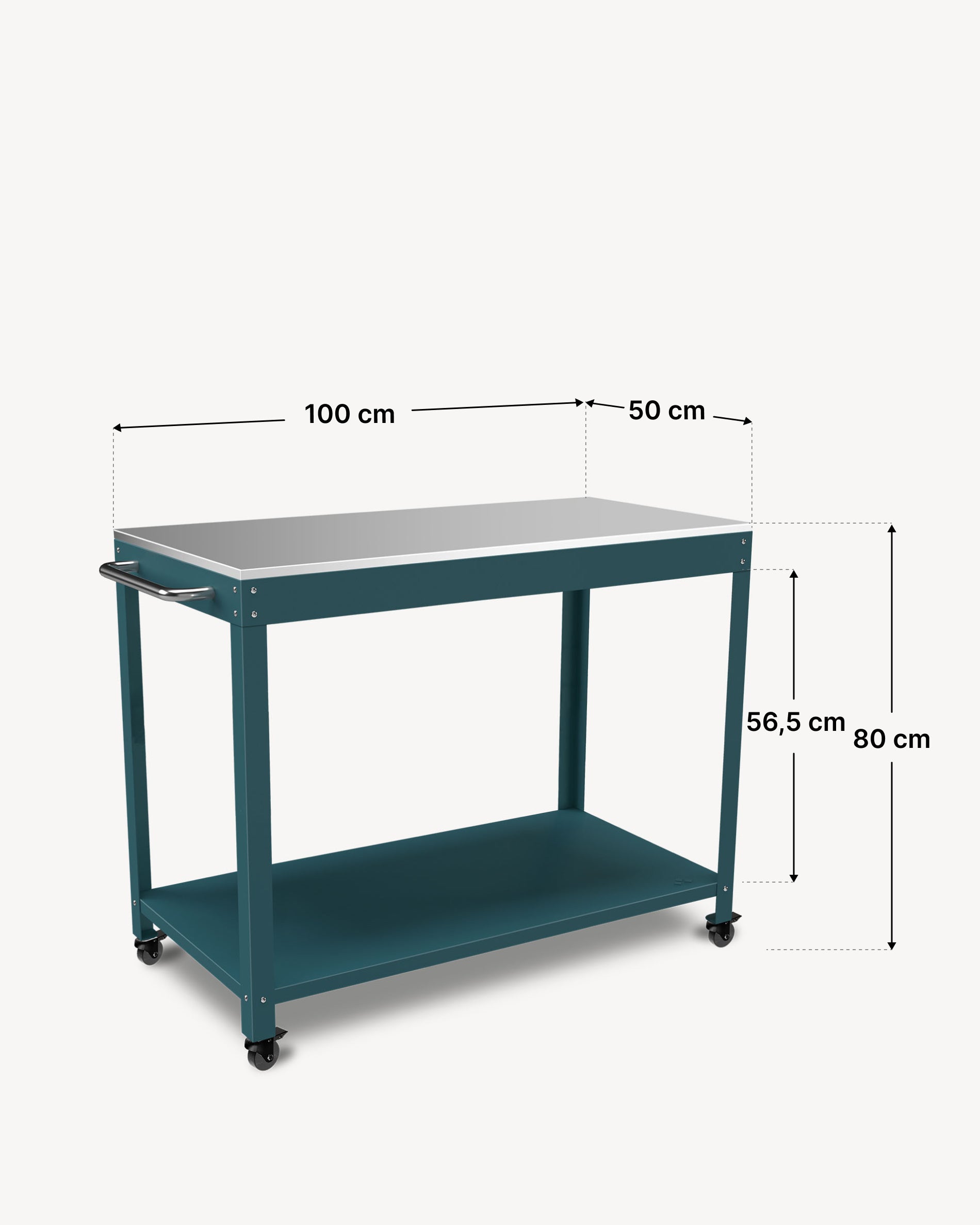 Esquema das dimensões da mesa de apoio metálica Kokko 100 × 50 cm, cor oceano.