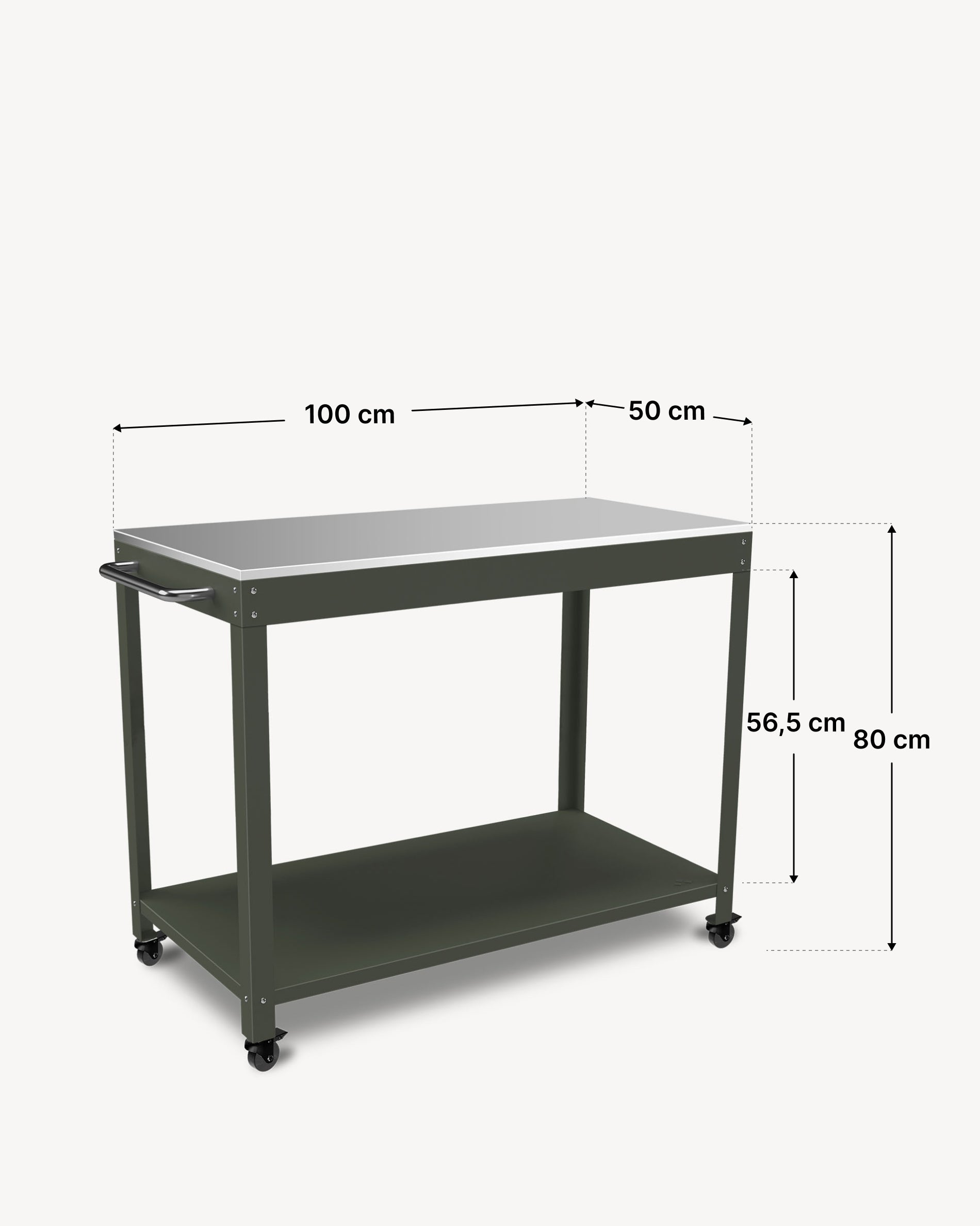 Esquema das dimensões da mesa de apoio metálica Kokko 100 × 50 cm, cor olive.
