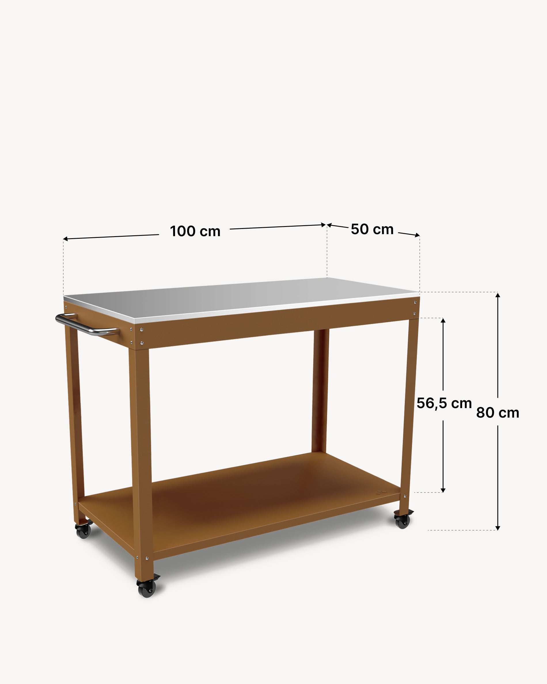 Esquema das dimensões da mesa de apoio metálica Kokko 100 × 50 cm, cor siena.