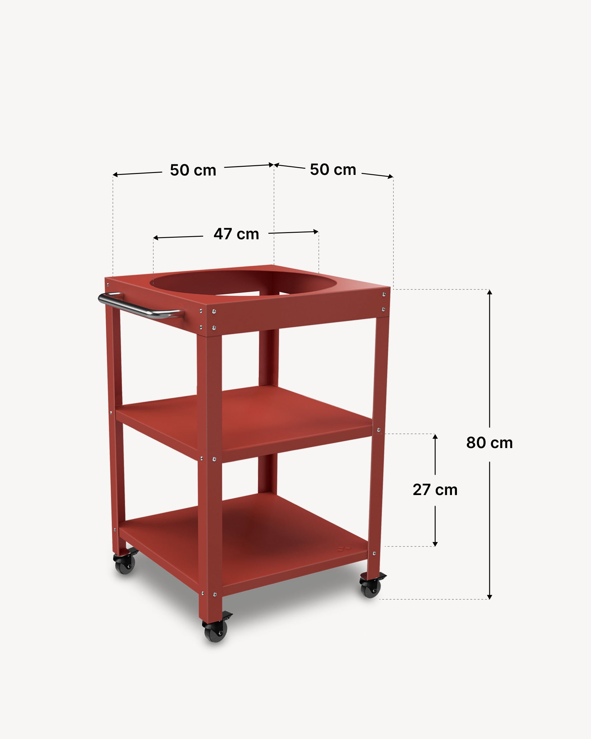 Dimensions de la desserte métal 50 × 50 cm pour Kokko 18, coloris corail.