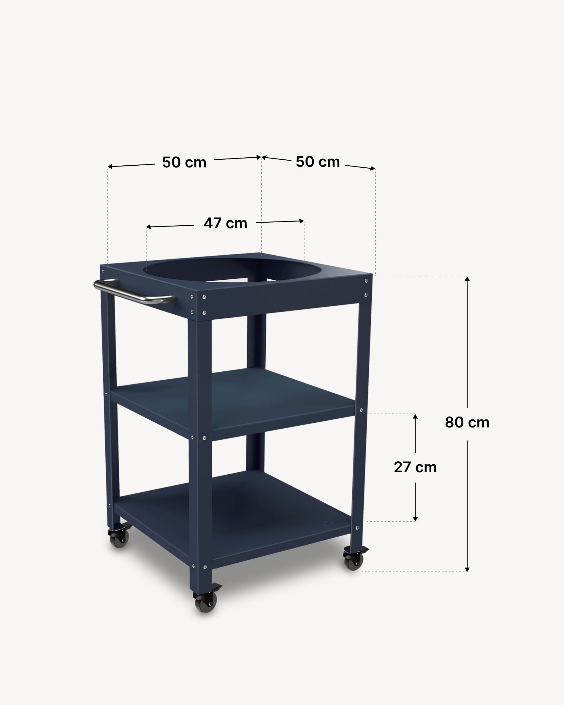 Dimensions de la desserte métal 50 × 50 cm pour Kokko 18, coloris bleu navy.
