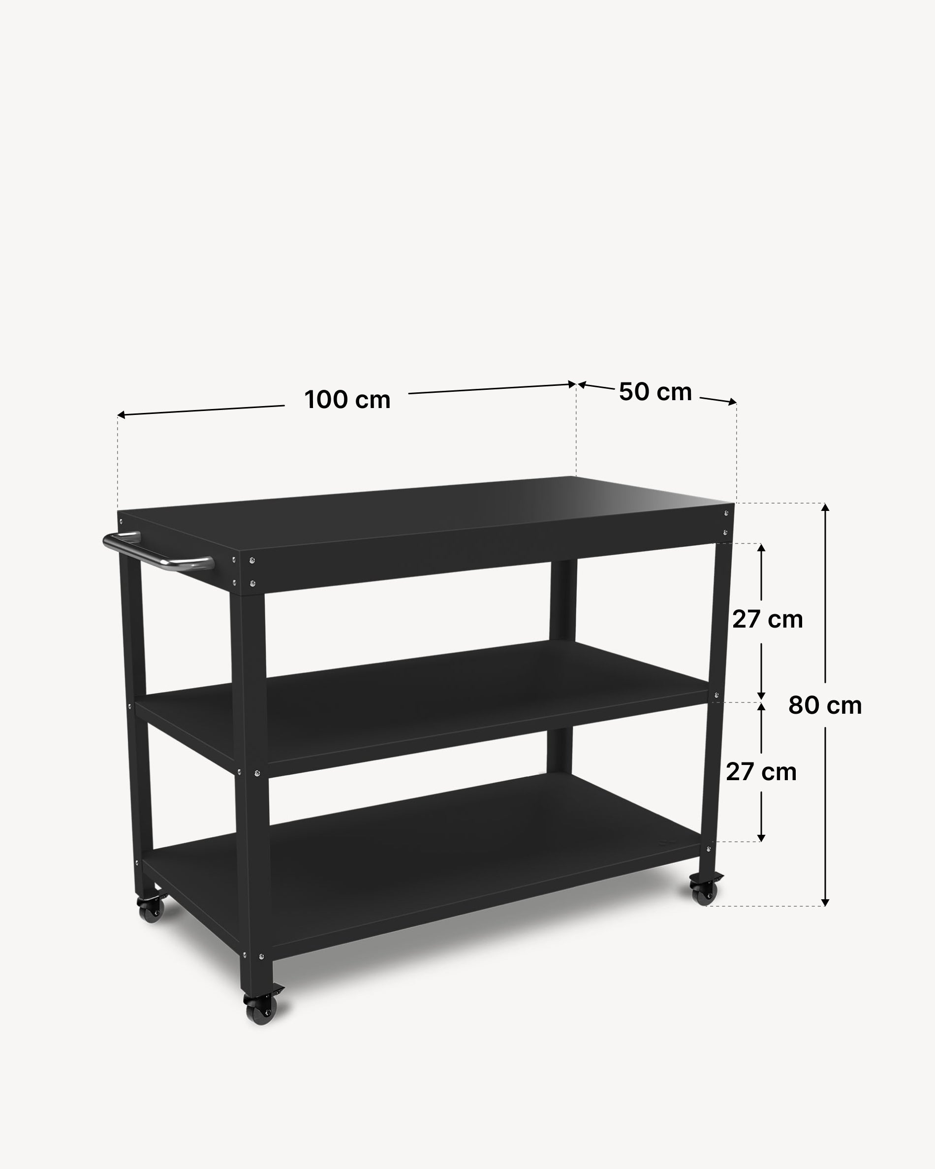 Carrinho de apoio em metal com três prateleiras, dimensões indicadas: largura 100 cm, profundidade 50 cm e altura total 80 cm.