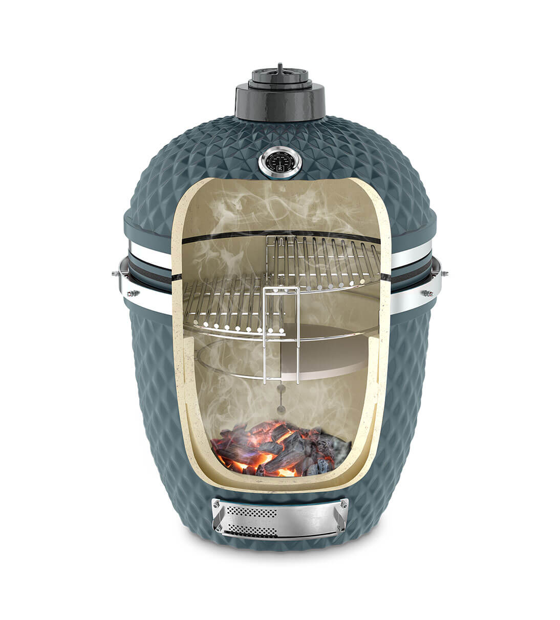 Corte vertical de um kamado Kokko azul oceano