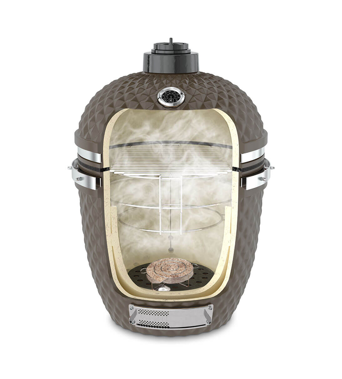 Corte vertical de um kamado Kokko verde-azeitona com serpentina para defumação a frio