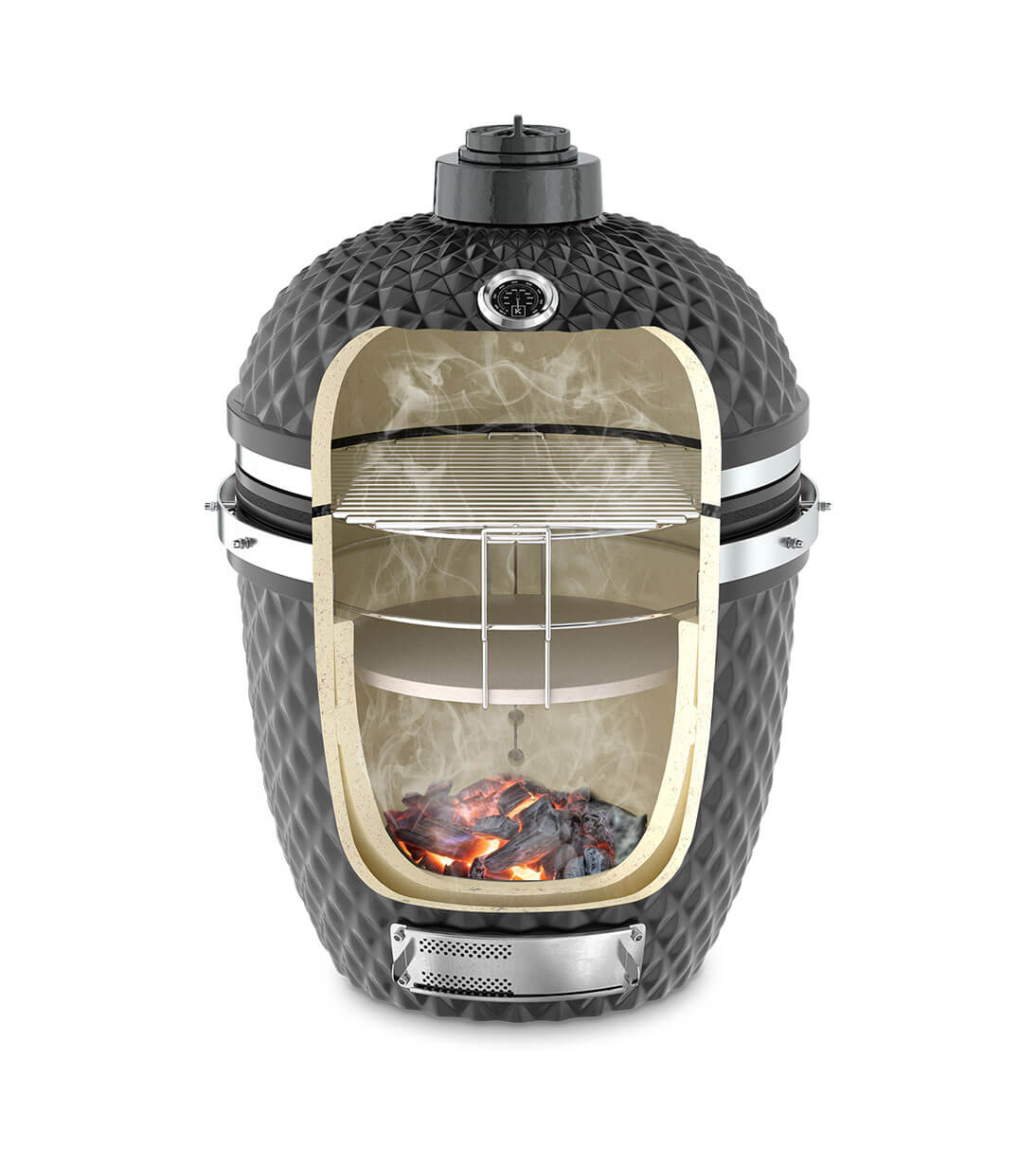 Corte vertical de um kamado Kokko preto intenso
