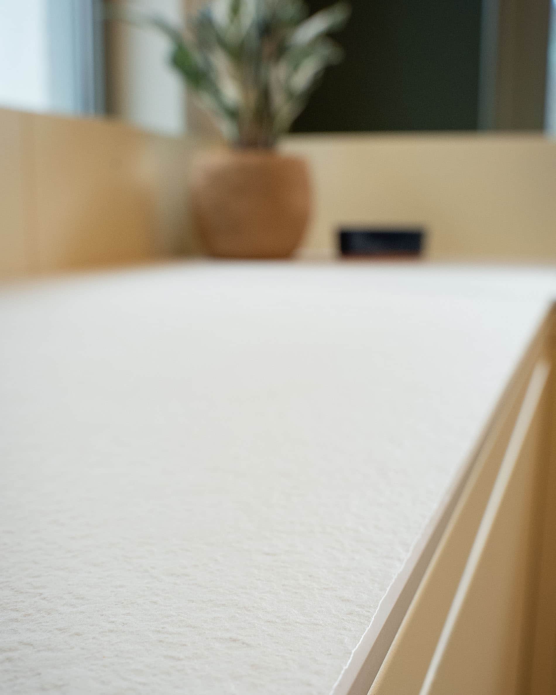 Detalhe do tampo de trabalho de uma cozinha sobre pilotis, mostrando a superfície clara, a textura mate e o acabamento do material.