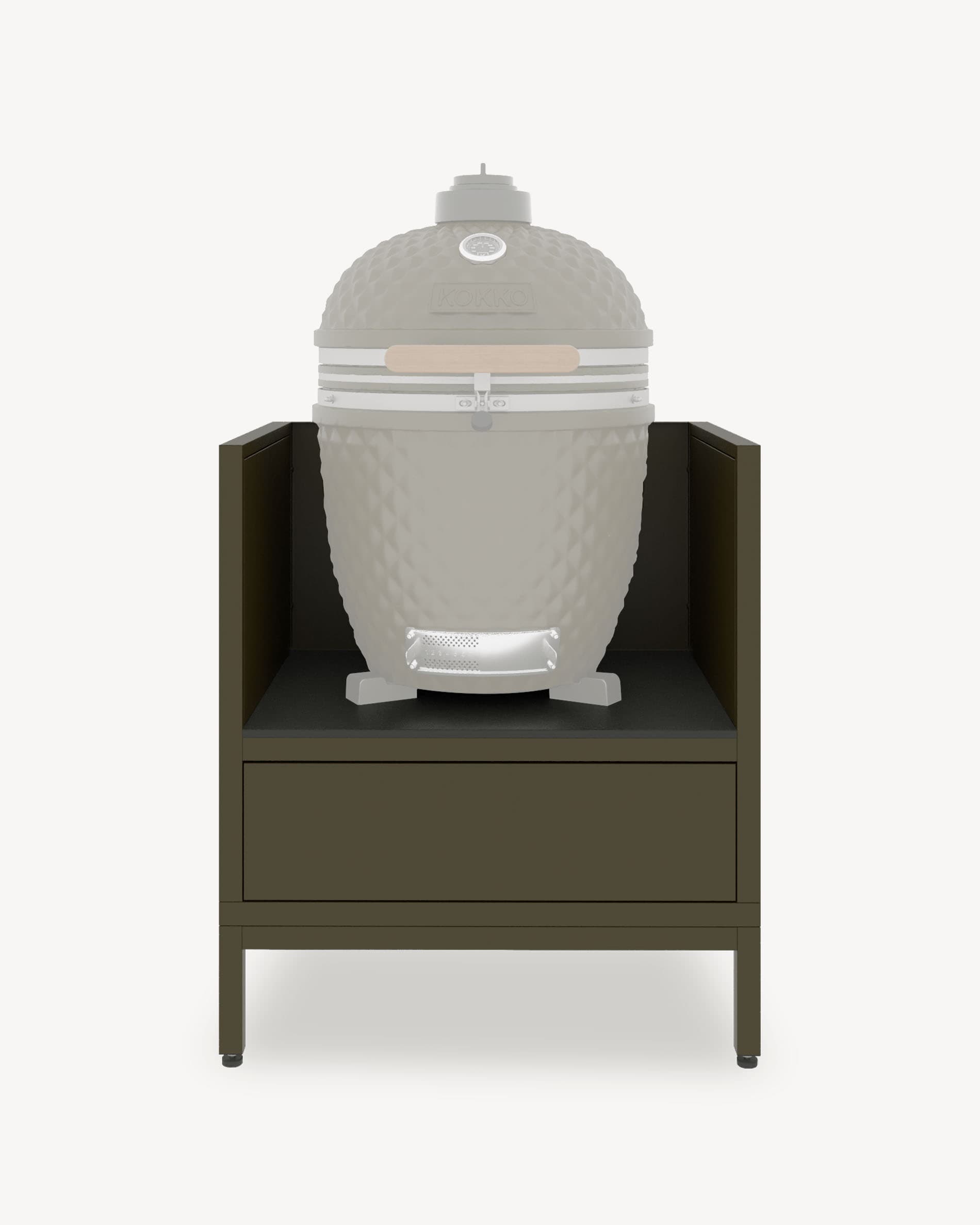 Módulo de cozinha pilotis para kamado, móvel em verde-azeitona com arrumação fechada, bancada escura e painéis laterais integrados.