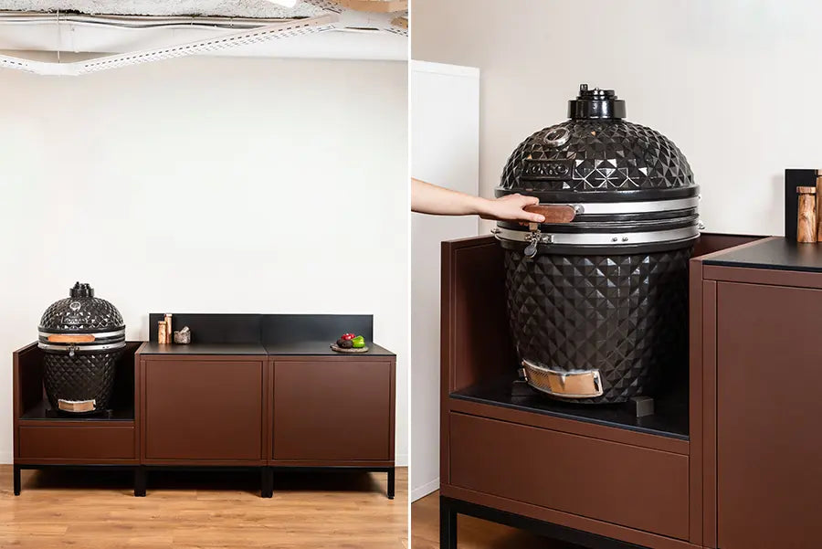 Showroom de cozinha exterior Kokko com kamado e cozinha em pilotis cor ferrugem