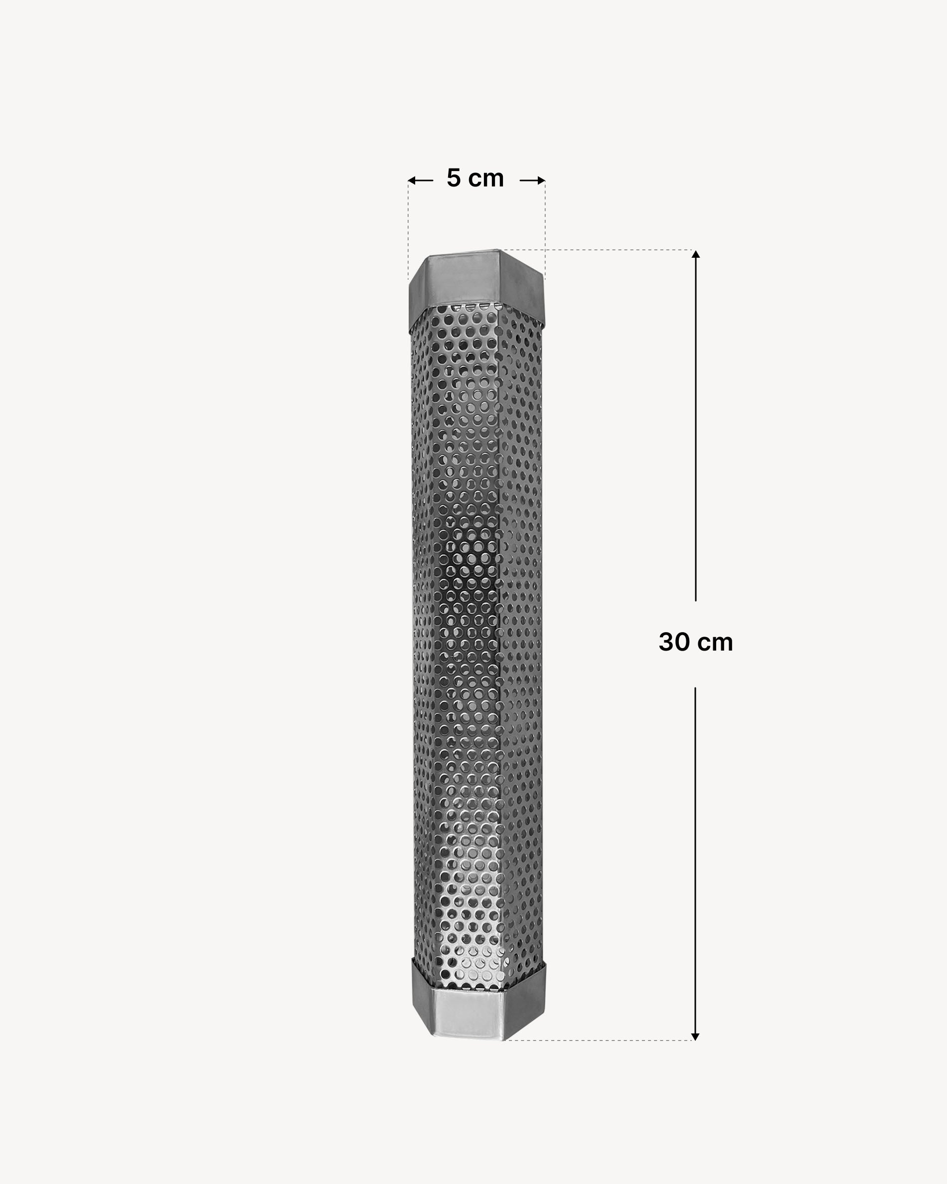 Tubo gerador de fumo em aço inoxidável perfurado para fumagem a frio, apresentado com um esquema de dimensões indicando um comprimento total de 30 cm e uma largura de 5 cm.
